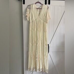 PinkBlush Cream Lace Mesh Overlay Maternity Maxi Dress